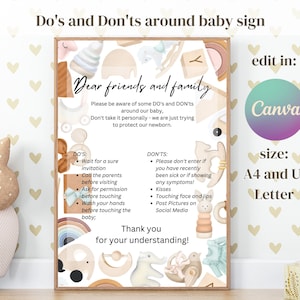 Signe modifiable de choses à faire et à ne pas faire pour les visiteurs de bébé, règles de bébé visiteur, signe de bébé visiteurs, chanter interdit de embrasser bébé, signe de règles de pépinière, visite de bébé