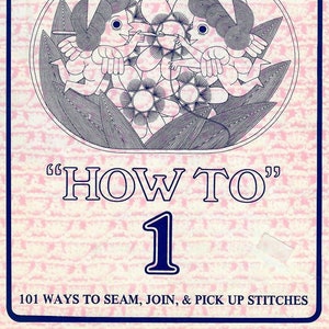 Może przedstawiać: Okładka vintage magazynu "Yo's Needlecraft". Okładka przedstawia niebiesko-białą ilustrację dwóch cherubinów wśród kwiatów. Tekst brzmi "HOW TO" i "1", z podtytułem "101 sposobów na szycie, łączenie i podnoszenie ściegów."