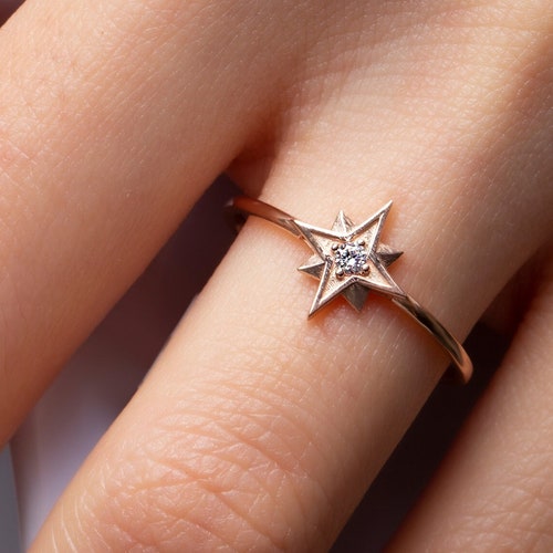 Solid Gold North Star Diamond Ring Diamond Star Engagement Etsy