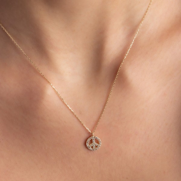 Real Diamond Peace Sign Necklace • 14K Solid Gold Peace Love Charm Pendant • Tiny Diamond Peace Symbol Jewelry • Valentine's Gift For Women