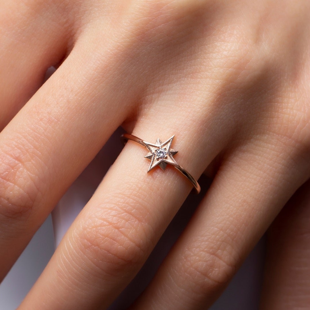 Solid Gold North Star Diamond Ring Diamond Star Engagement Ring for