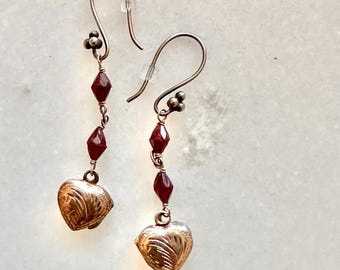 Heart Locket Dangle Earring with Faceted Garnets on Sterling Silver Earwires - Handmade