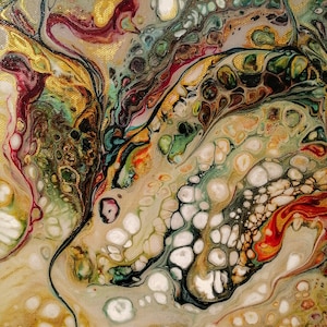Puede incluir: Pintura abstracta con patrones en espiral en tonos dorados, verdes, negros, blancos y rojos. La pintura tiene un aspecto texturizado y burbujeante.