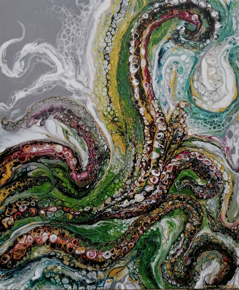 K&ouml;nnte beinhalten: Abstraktes Gem&auml;lde mit wirbelnden gr&uuml;nen, wei&szlig;en und goldenen Farben. Die Farbe erzeugt ein Muster, das an einen Oktopus oder eine andere Meereskreatur erinnert.