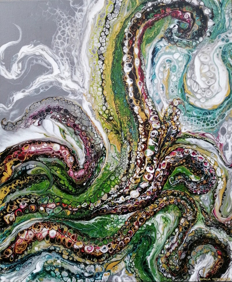 K&ouml;nnte beinhalten: Abstraktes Gem&auml;lde mit wirbelnden gr&uuml;nen, wei&szlig;en und goldenen Farben. Die Farbe &auml;hnelt einem Oktopus mit Tentakeln.