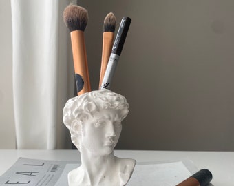David Head Vase: Concrete Sculpture, Makeup Brush Holder
