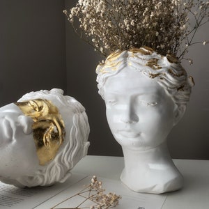 Venus Head Concrete Vase: Gold Accent Female Planter