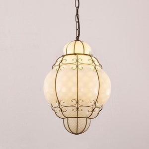 Large blown Murano glass lantern lamp milk white color, Made in Italy vintage style chandelier