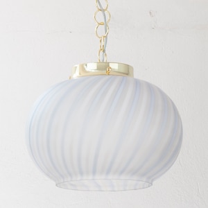 Vintage Murano Glass globe pendant lamp frost white and blue millerighe stripes, original from &#39;80s Made in Italy