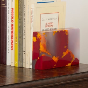Handmade Murano Artistic Glass Monolith block brick, silk white glass red and orange polychrome fusions collectible