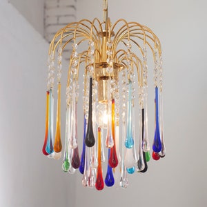 Rain chandelier, cascade of crystals and drops in multicolor Murano glass color with gold color frame, vintage style