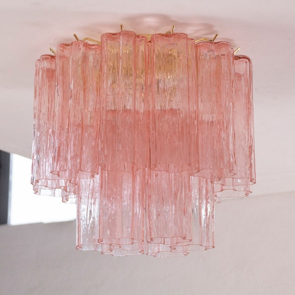 Ceiling lamp with pink Murano glass Tronchi, ceiling chandelier diameter 35 cm design vintage style Made in Italy