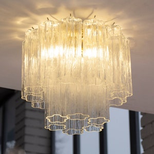 Ceiling lamp with Clear Murano glass Tronchi, ceiling chandelier diameter 35 cm design vintage style Made in Italy