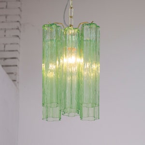 Suspension lamp Made in Italy Tronchi in light green Murano glass of vintage design, ceiling chandelier 29 cm diameter