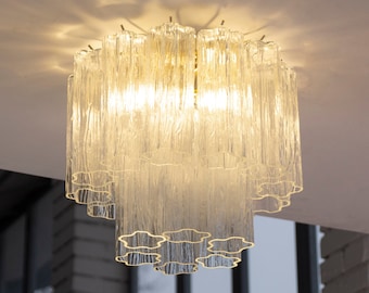 Ceiling lamp with Clear Murano glass Tronchi, ceiling chandelier diameter 35 cm design vintage style Made in Italy