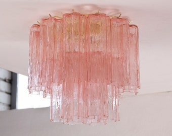 Ceiling lamp with pink Murano glass Tronchi, ceiling chandelier diameter 35 cm design vintage style Made in Italy