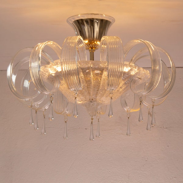 Wonderful Murano glass ceiling lamp pure crystal color with handmade leaves and drops, height 35cm, chandelier Made in Italy