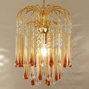 Rain drop Pioggia chandelier, cascade of crystals and drops in crystal, amber and red Murano glass, vintage style