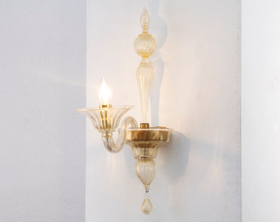 Unique piece! Hand blown Murano art glass wall sconce, crystal with gold details Made in Italy, handmade retro wall lamp