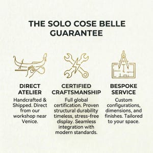 The image is a visual representation of a guarantee offered by a company called "The Solo Cose Belle". It features three different types of guarantee services: Direct Atelier, Certified Craftsmanship, and bespoke Service, each represented by a stylized icon.