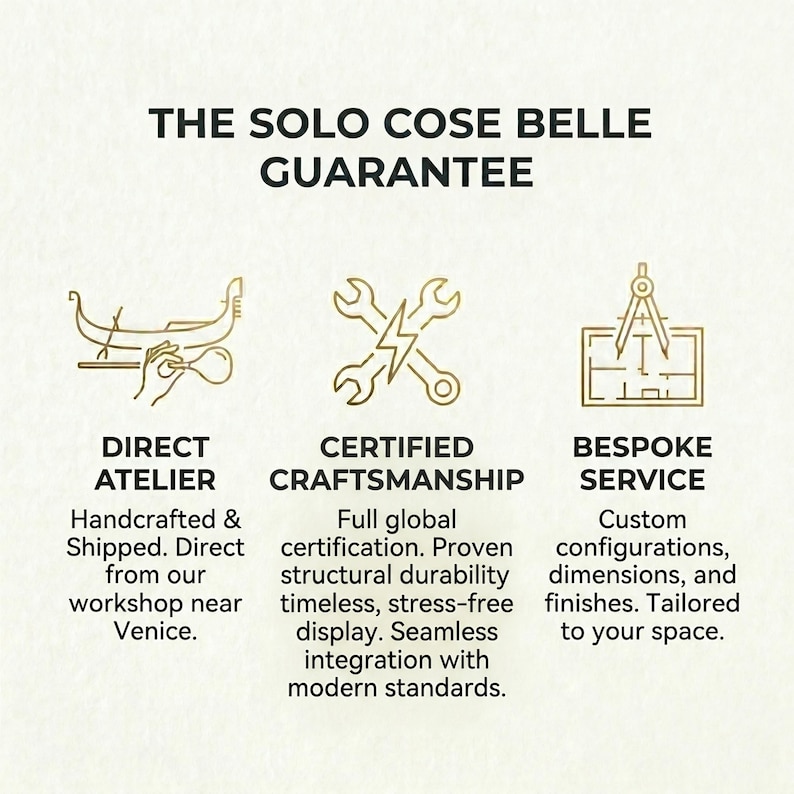 The image is a visual representation of a guarantee offered by a company called "The Solo Cose Belle". It features three different types of guarantee services: Direct Atelier, Certified Craftsmanship, and bespoke Service, each represented by a stylized icon.