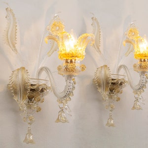 Set of 2 hand-blown Murano art glass wall sconce, crystal color and gold details Made in Italy, handmade wall lamp