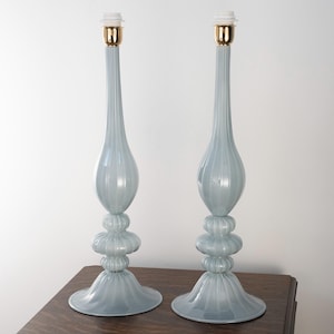 Pair of Murano glass table lamps light blue color, handmade Made in Italy Venetian design lighting