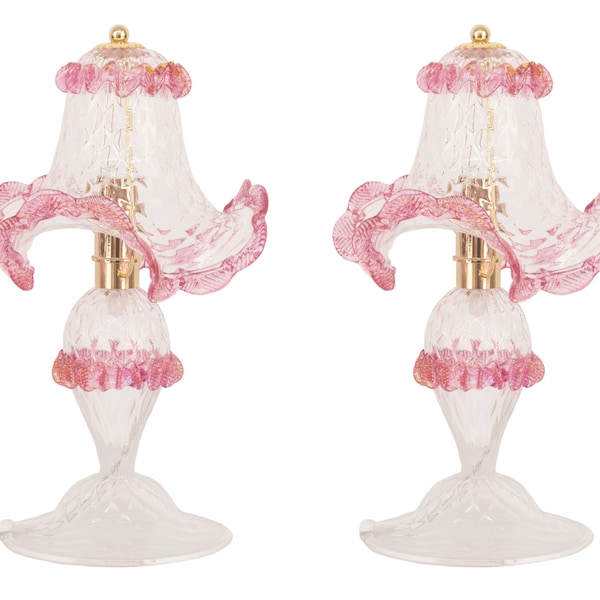 Juego de 2 lámparas de mesa de cristal de Murano transparente con decoraciones artísticas en pan rosa y oro, hechas a mano Made in Italy