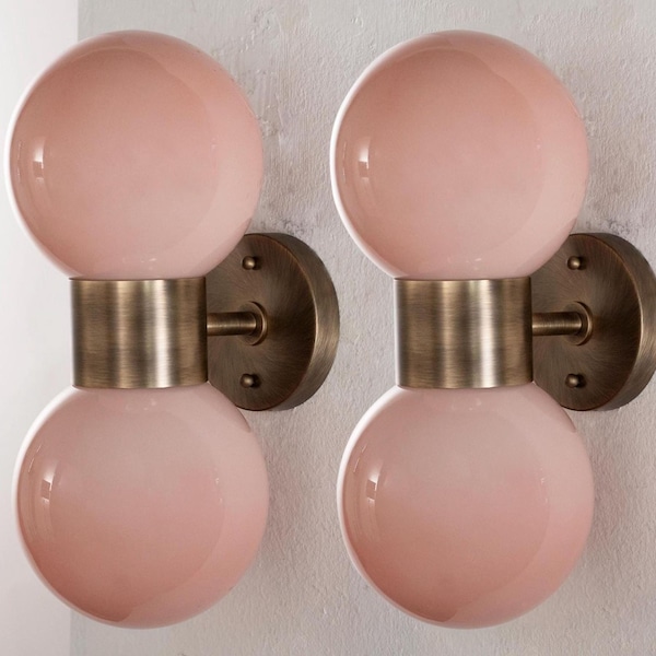 Double Murano Globe, Pink Glass Sconce Brass Modernist Wall Light