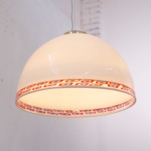 Big Murano glass hanging lamp, milk white with blue red murrine Ø44 cm brass frame, Leucos 1980s