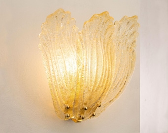 Murano Glass Wall Sconce, 3 Amber Leaf Design (Handmade Italian Lamp)