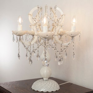 White Murano Maria Theresa glass table chandelier lamp with pendants, crystal garlands, 5 lights, handmade Made in Italy