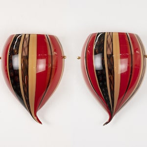 Set of 2 Wall sconce with red  and orange Murano glass with artistic striped decoration Made in Italy, vintage wall lamp