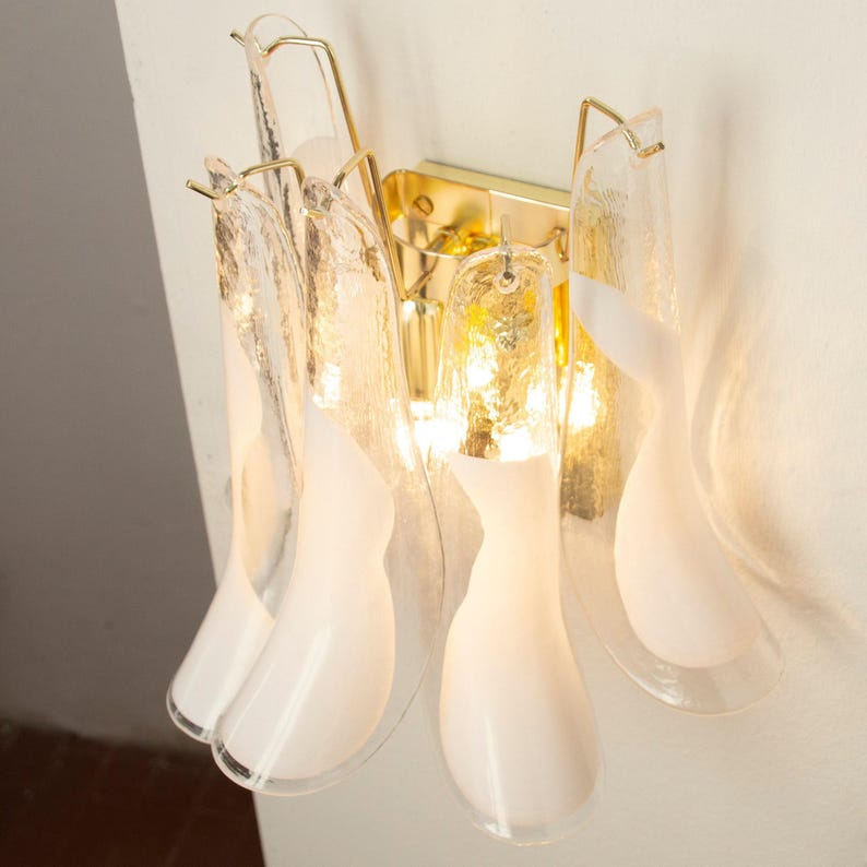 Murano Glass Sconce - Five Clear and White Petali Mid-Century Italian wall light image 13