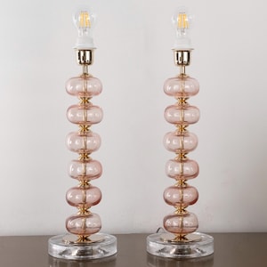 Set of 2 Murano glass table lamp, pink color spheres with pure clear glass base, height 45 cm handmade Made in Italy