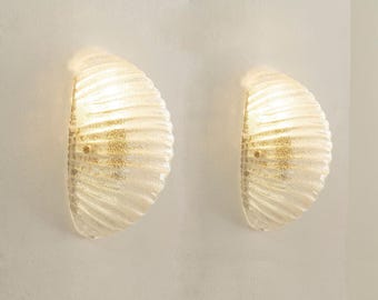 Murano Glass Wall Sconces set of 2, Clear Shell, Brass Frame - Made in Italy