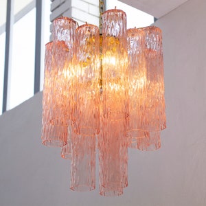 Suspension chandelier Made in Italy Murano glass cylinders decorated pink color Ø40 cm, vintage style design chandelier