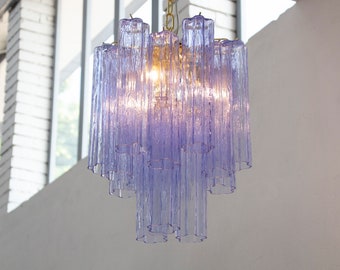 Lámpara de suspensión Tronchi Made in Italy de cristal de Murano azul violeta, lámpara de techo de 36 cm de diámetro, estilo vintage