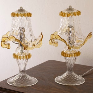 Set of 2 Clear Murano glass table lamp with amber and artistic gold leaf decoration, handmade Made in Italy