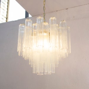 Suspension lamp Made in Italy Tronchi in clear classic Murano glass of vintage design, ceiling chandelier 58 cm diameter