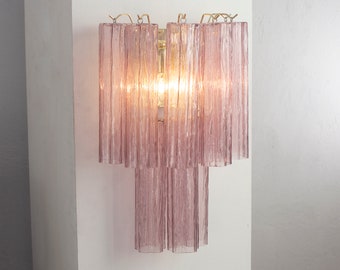 Large wall sconce with Murano glass decorated amethyst color Made in Italy, vintage style wall lamp with logs