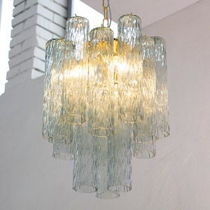 Suspension chandelier Made in Italy Murano glass cylinders decorated grey-green color Ø40 cm, vintage style design chandelier