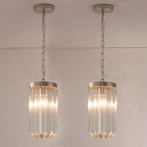 Set of 2 Suspension chandelier with vintage Murano glass, handmade triedro quadriedri, Venini light design Made in Italy 1980s