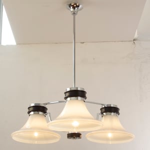 Large Italian original vintage Chandelier - Chrome Metal Lamp - Opal White Murano Glass Ceiling Light with 3 Lights