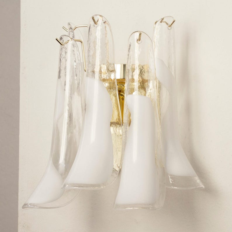 Murano Glass Sconce - Five Clear and White Petali Mid-Century Italian wall light image 10