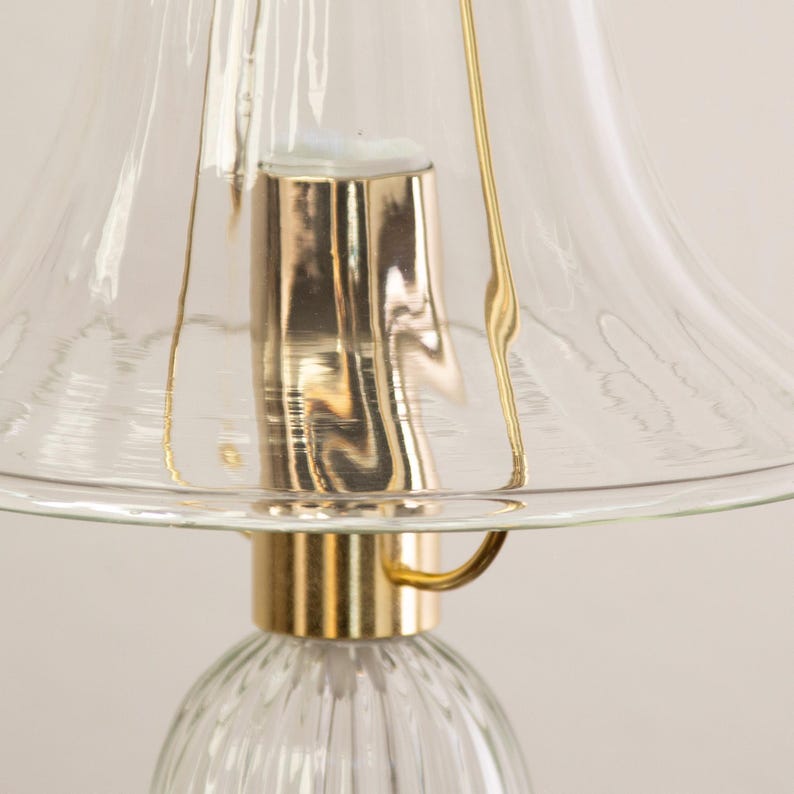 A close-up view of a glass lampshade with a gold-colored metal base, creating a shiny and reflective surface.