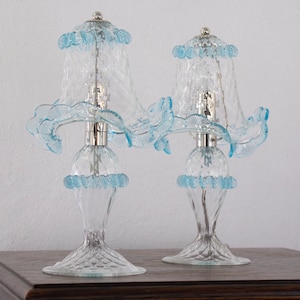 Set of 2 Clear Murano glass table lamp with artistic aquamarine and gold leaf decoration, handmade Made in Italy