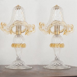 Set of 2 Clear Murano glass table lamp with artistic amber decoration, handmade Made in Italy, classic italian design