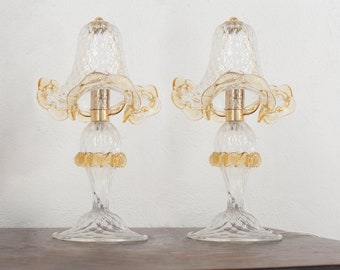 Set of 2 Clear Murano glass table lamp with artistic amber decoration, handmade Made in Italy, classic italian design