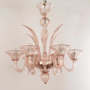 Handmade Murano glass chandelier cipria pink color with artistic decorations, 6 lights, handmade Made in Italy